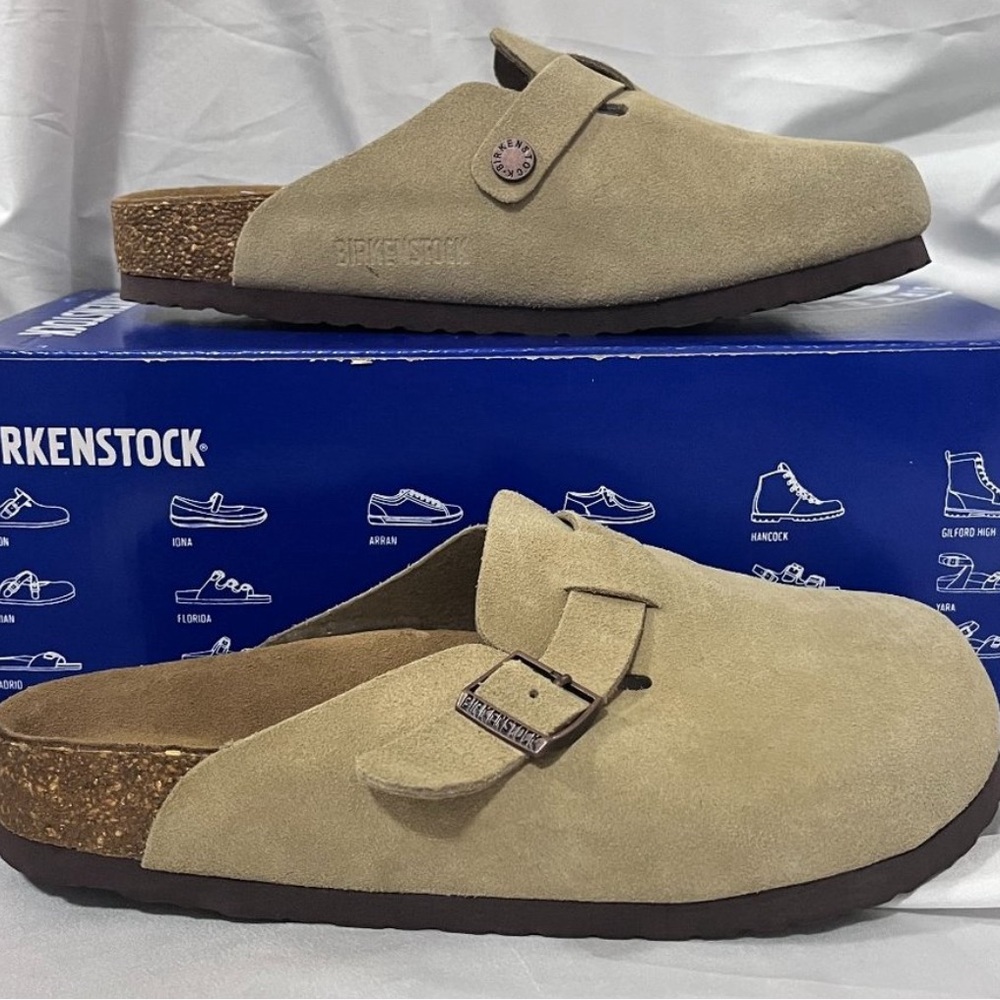 Birkenstock Boston taupe suede clogs